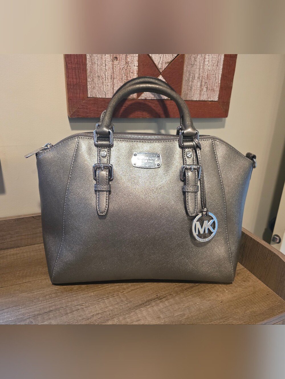 Michael Kors Silver Saffiano Leather Satchel